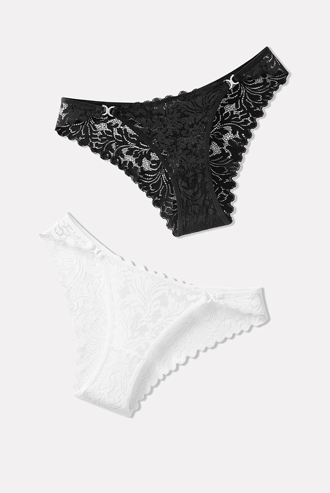 Low-rise cheeky lace tangas set in black and white