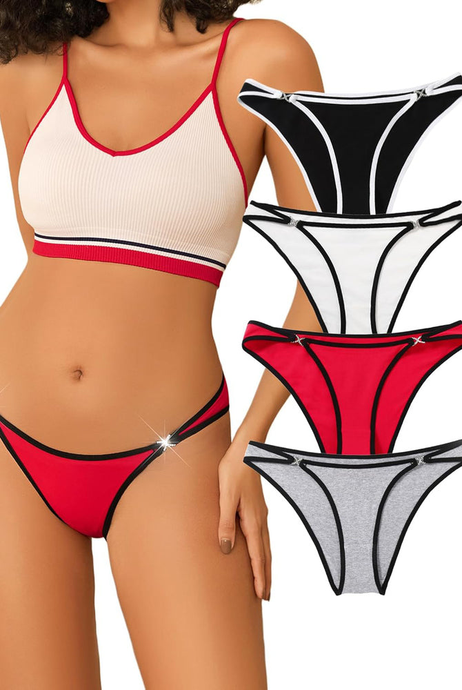 Red cotton hipster panty with rhinestone accents, alongside black, white, and gray options.