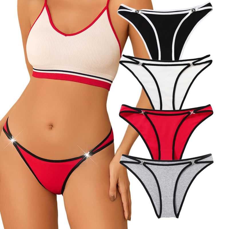 Red cotton hipster panty with rhinestone accents, alongside black, white, and gray options.