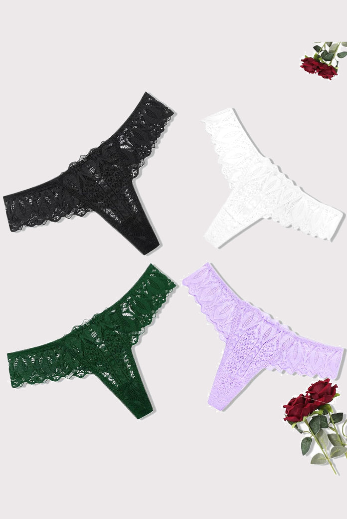 Lace thongs in black, white, green, and lavender. Low waist, sexy lace lingerie.