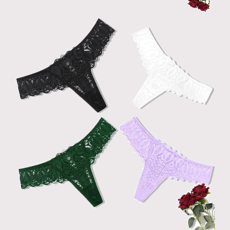 Lace thongs in black, white, green, and lavender. Low waist, sexy lace lingerie.