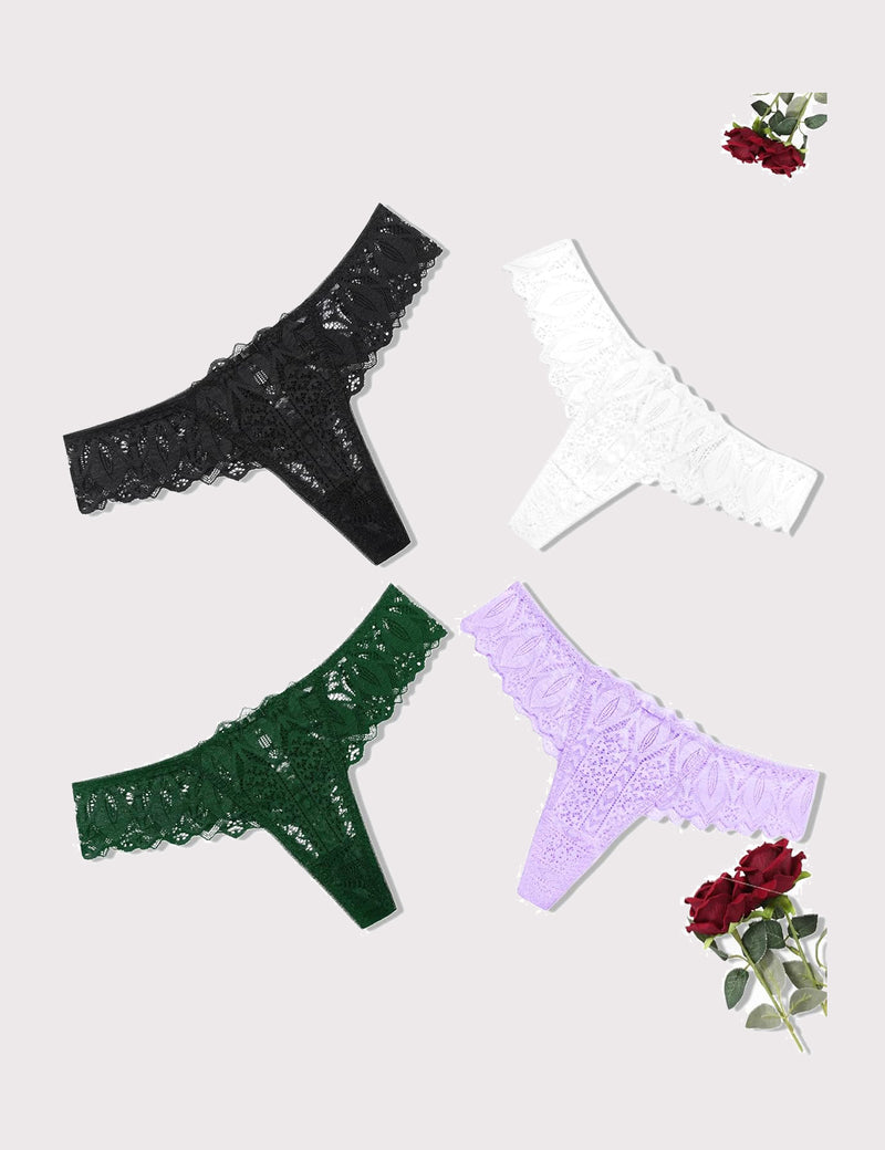 Lace thongs in black, white, green, and lavender. Low waist, sexy lace lingerie.