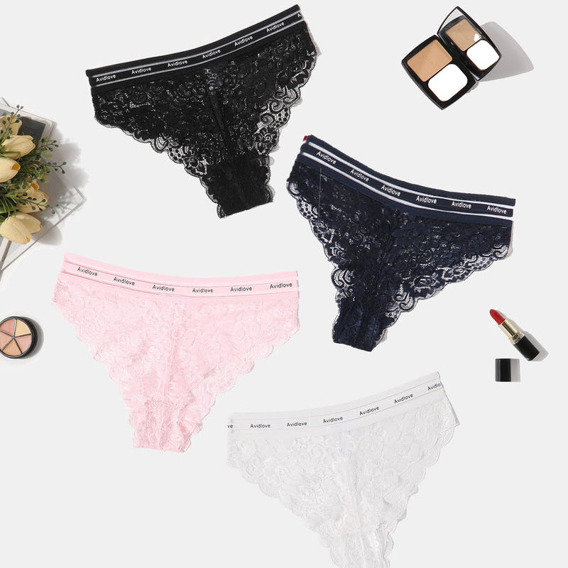 Avidlove lace hipster panties set in black, navy, pink, and white. Soft lace underwear.