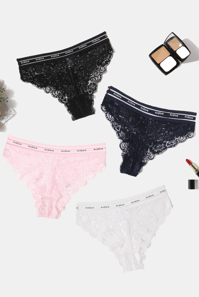 Avidlove lace hipster panties set in black, navy, pink, and white. Soft lace underwear.