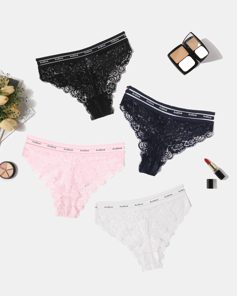 Avidlove lace hipster panties set in black, navy, pink, and white. Soft lace underwear.