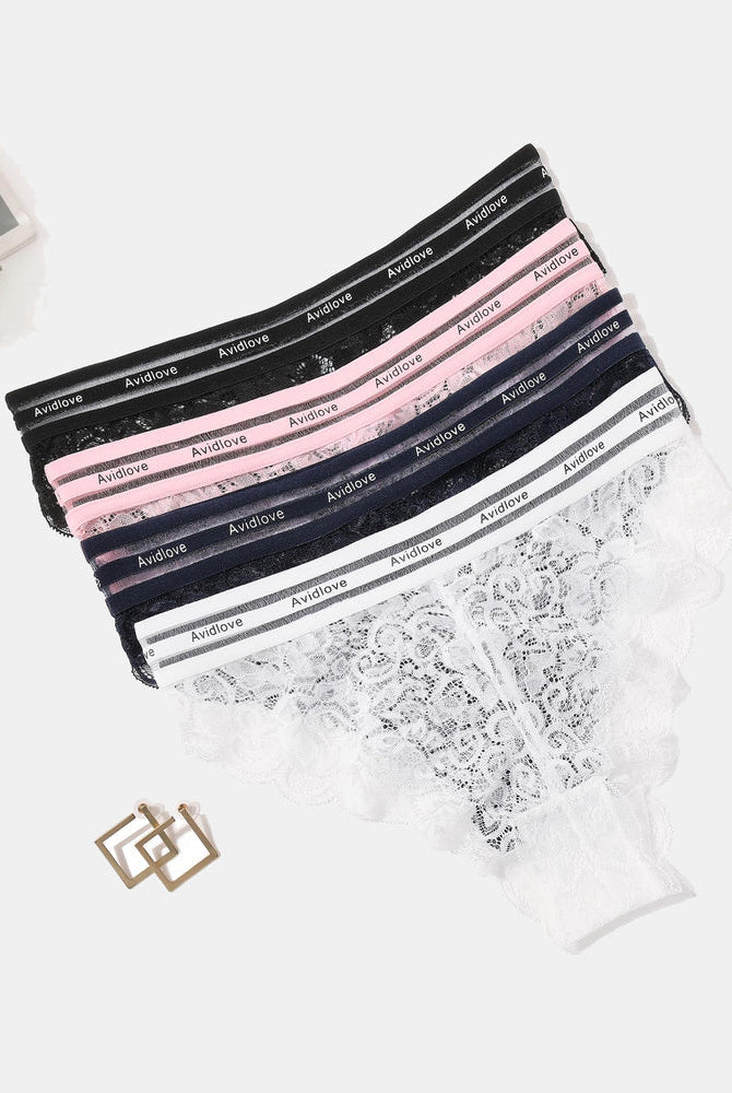 Avidlove lace hipster underwear set in various colors; featuring soft lace and Avidlove logo.