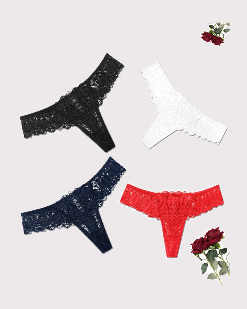 Lace thong underwear set in black, white, navy, and red