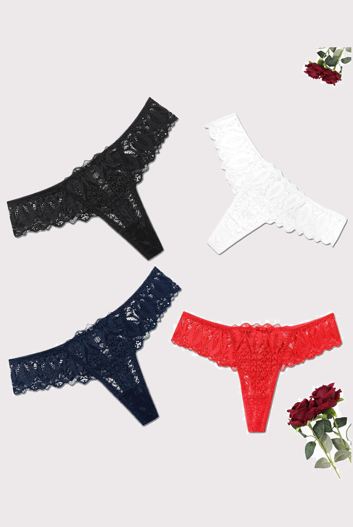 Lace thongs in black, white, navy, and red. Sexy low waist, cross-back design.