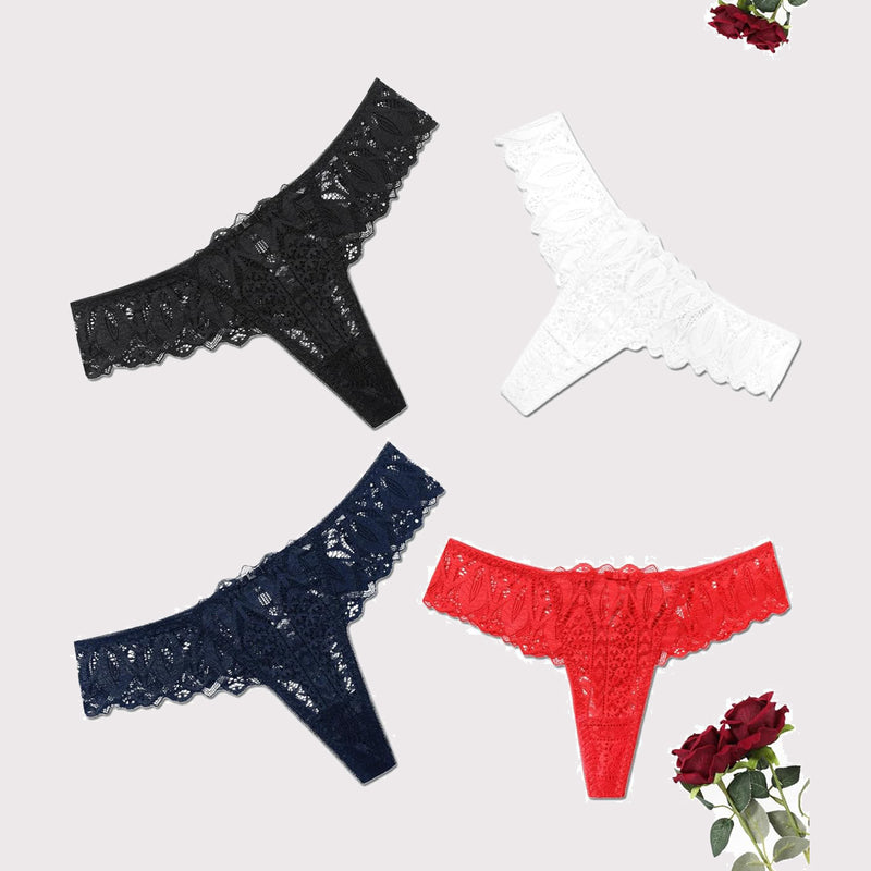 Lace thongs in black, white, navy, and red. Sexy low waist, cross-back design.