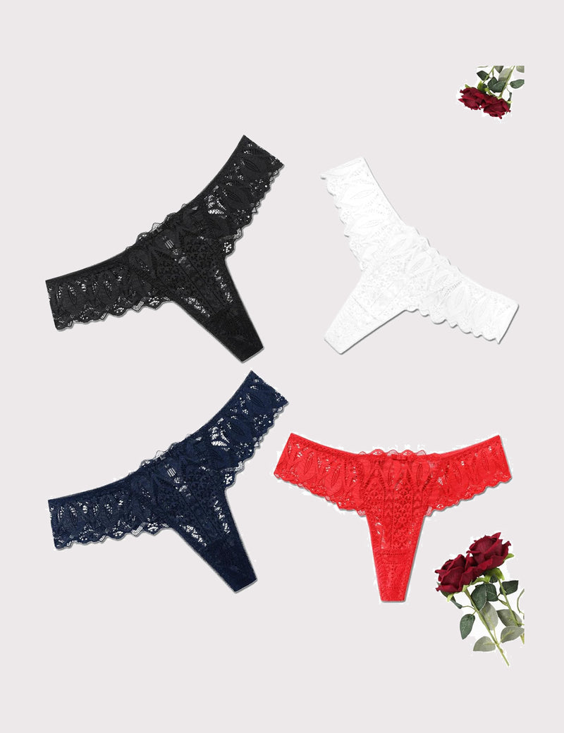 Lace thongs in black, white, navy, and red. Sexy low waist, cross-back design.