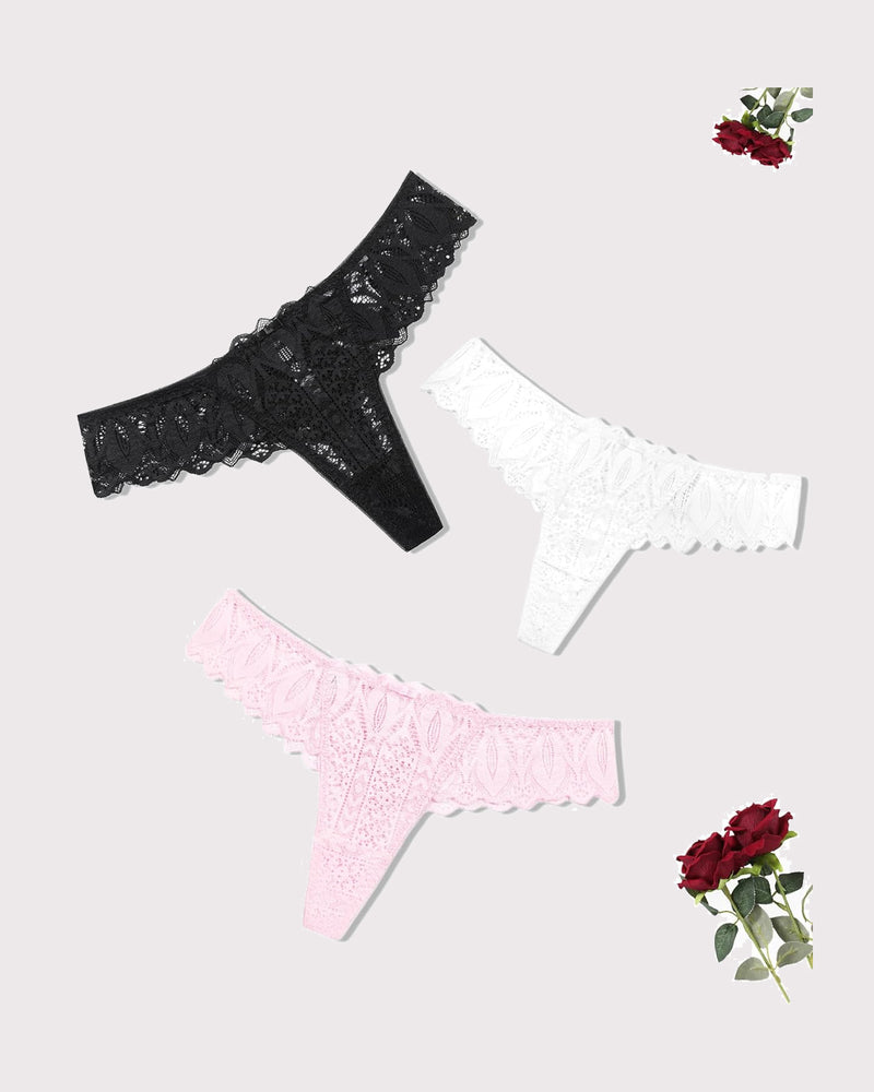 Lace thong set with scalloped trim and cross-back design; black, white, pink.