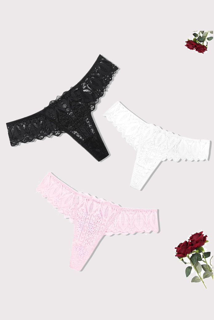 Black, white, and pink lace thongs with low waist and cross-back design. Sexy and elegant lingerie.