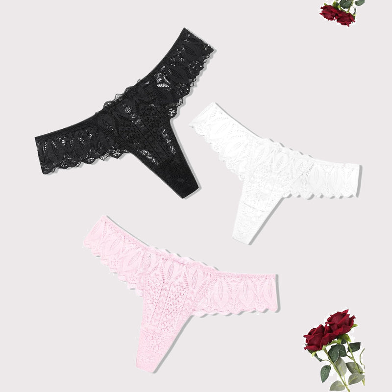 Black, white, and pink lace thongs with low waist and cross-back design. Sexy and elegant lingerie.