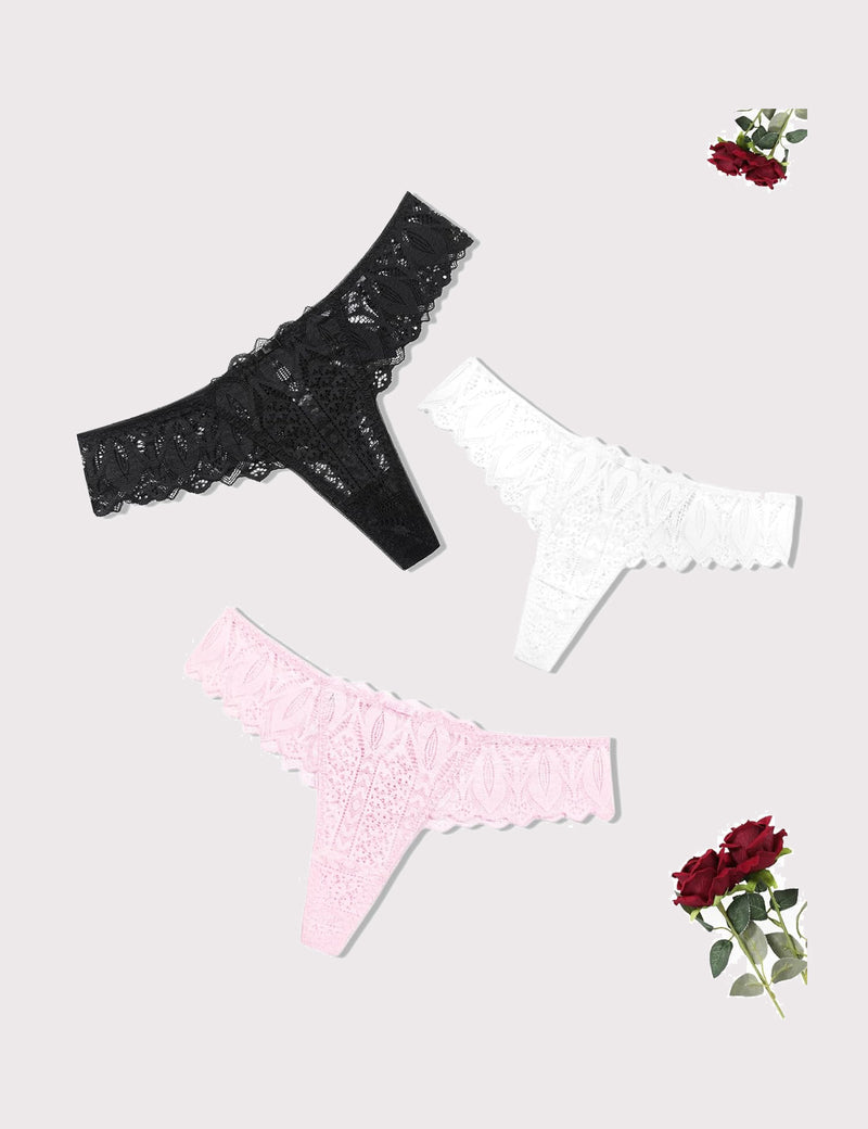 Black, white, and pink lace thongs with low waist and cross-back design. Sexy and elegant lingerie.