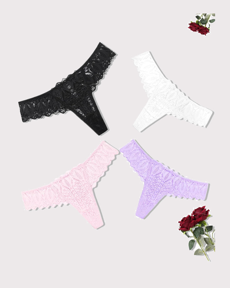 Lace thong set with scalloped trim and cross-back design; black, white, pink, lavender.