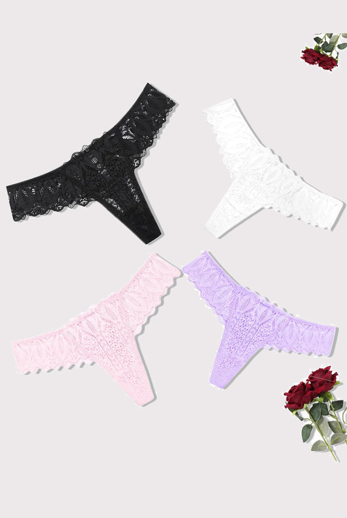 Lace thongs in black, white, pink, and lavender. Low waist, cross-back design. Sexy lace lingerie.