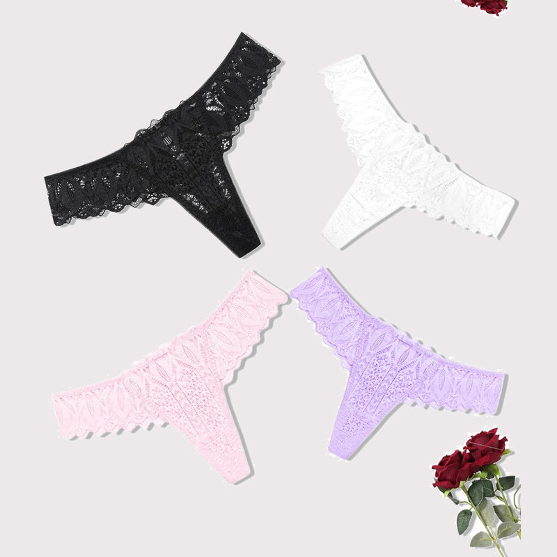 Lace thongs in black, white, pink, and lavender. Low waist, cross-back design. Sexy lace lingerie.