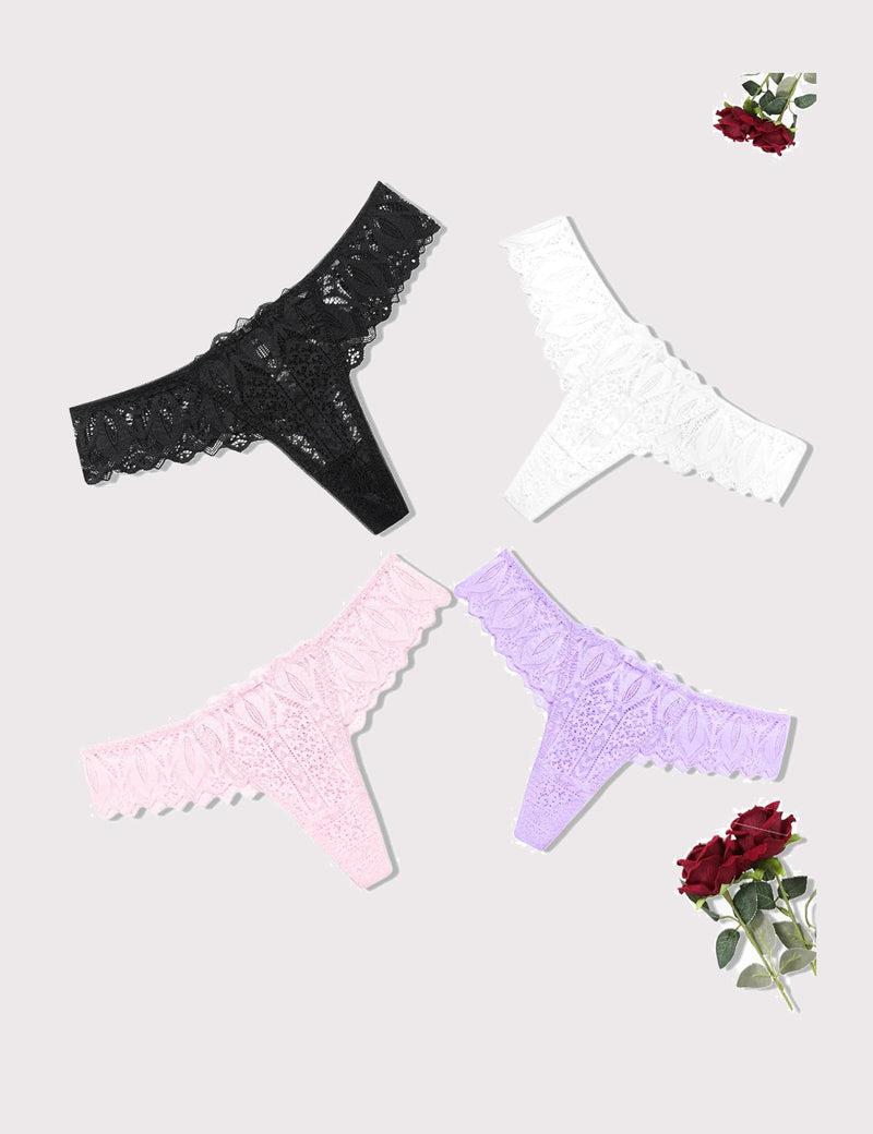 Lace thongs in black, white, pink, and lavender. Low waist, cross-back design. Sexy lace lingerie.