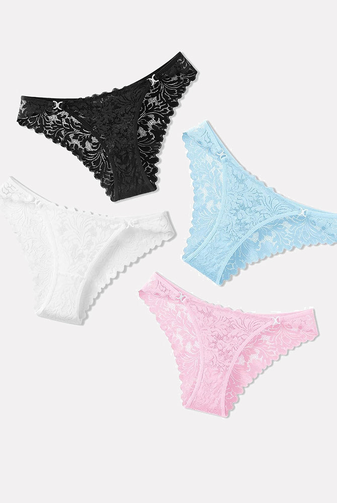 Low-rise cheeky lace tangas set in black, white, light blue, and pink