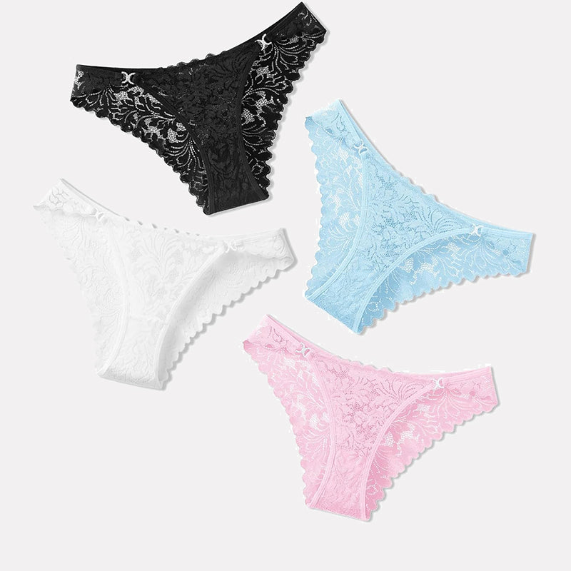 Low-rise cheeky lace tangas set in black, white, light blue, and pink
