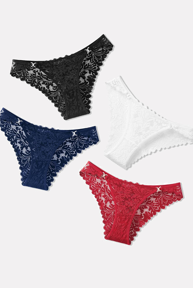 Low-rise cheeky lace tangas set in black, navy, white, and red