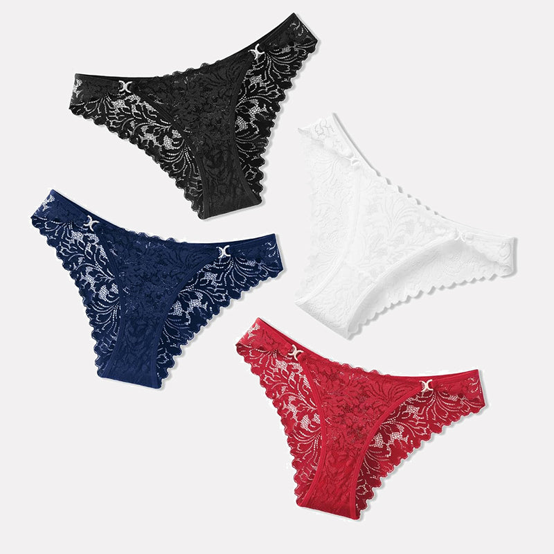 Low-rise cheeky lace tangas set in black, navy, white, and red