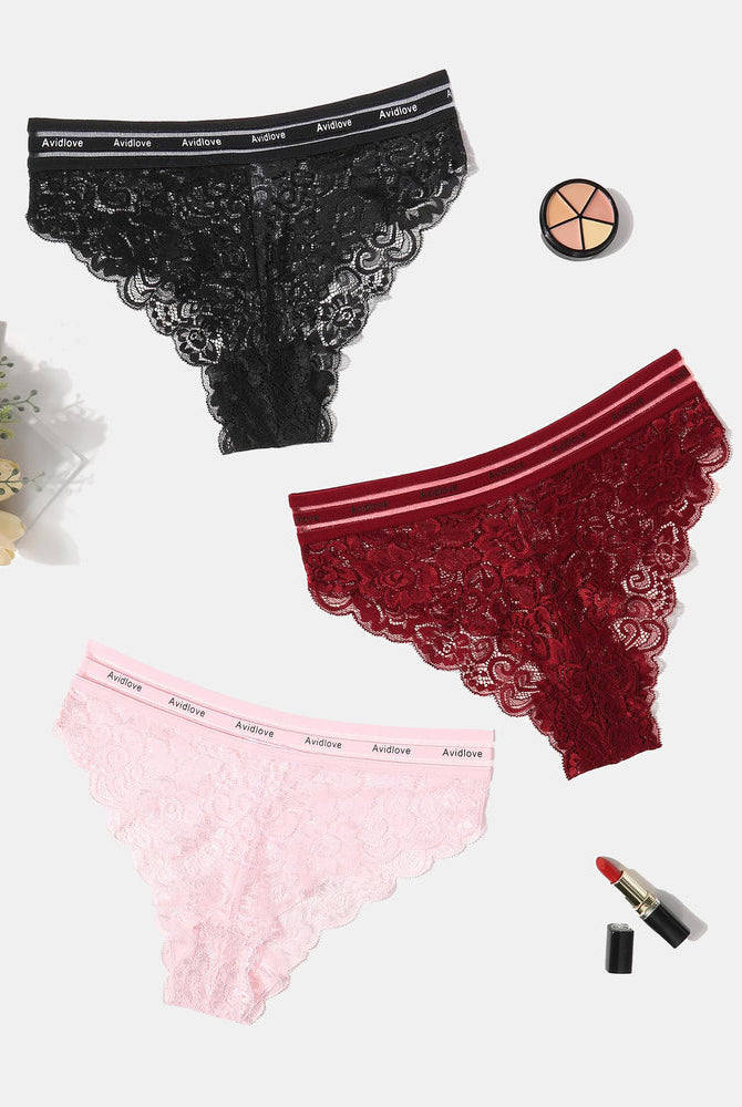 Avidlove floral lace panties set: Black, Burgundy, Pink. Soft, breathable, and comfortable fit.