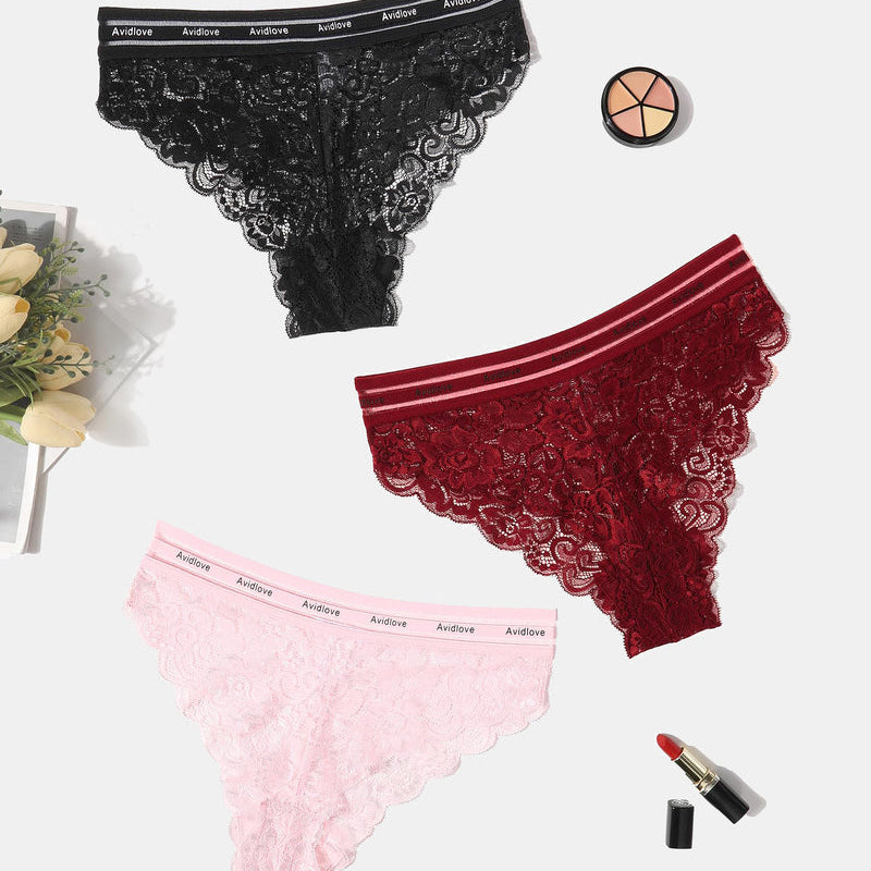 Avidlove floral lace panties set: Black, Burgundy, Pink. Soft, breathable, and comfortable fit.