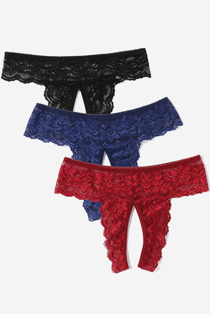 Three colors lace low rise hipsters: black, navy, and red, with soft fabric and open back design