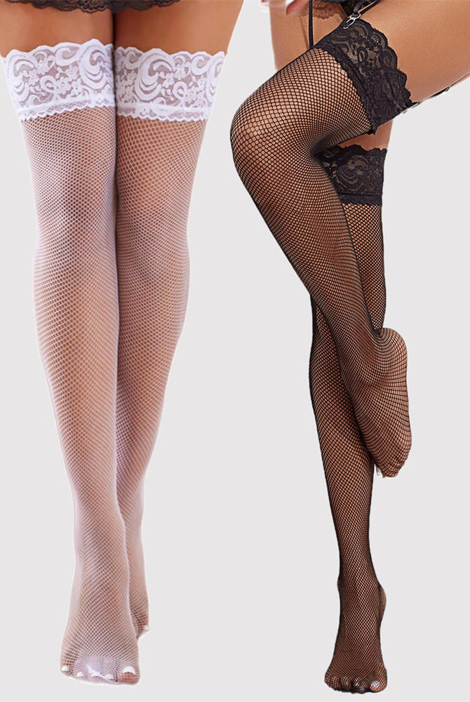 White and black fishnet thigh-high stockings with lace trim, sexy lingerie options.