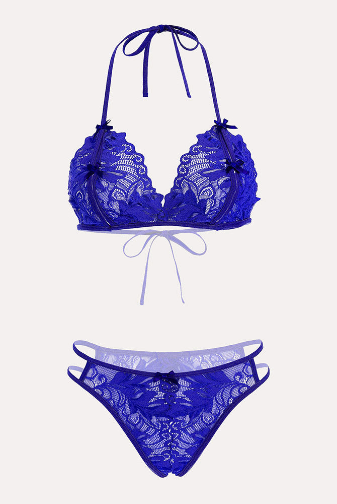 Avidlove blue lace halter bra and panty set. Floral lace, halter tie design, 2-piece sexy lingerie.