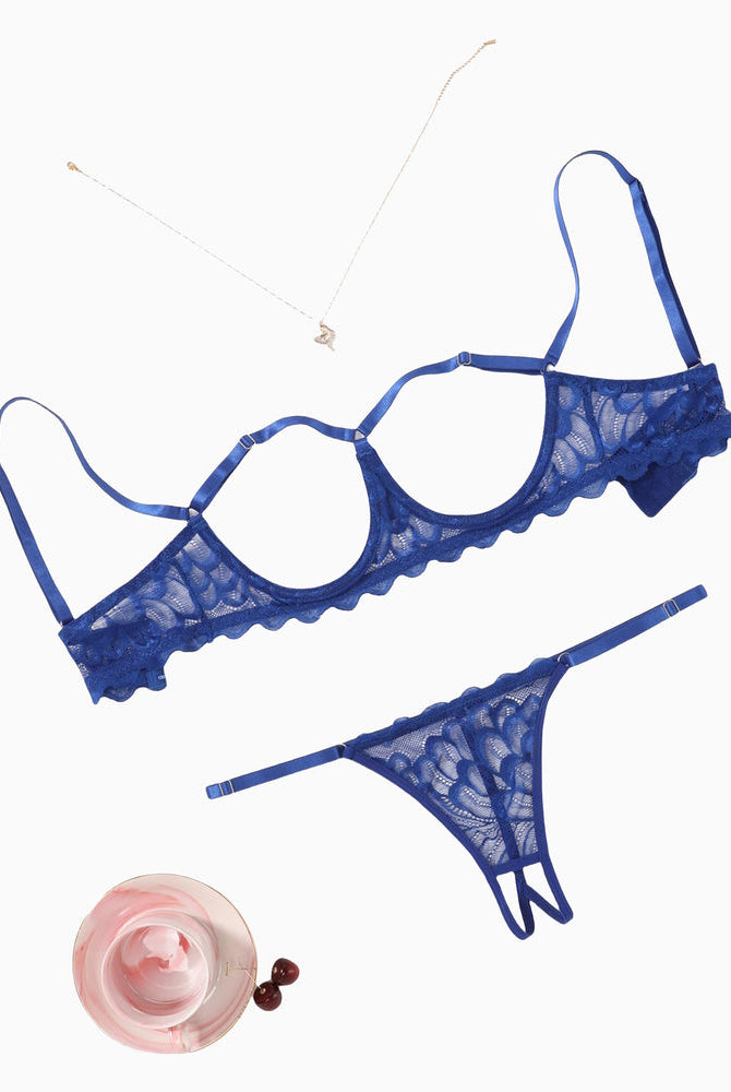 Blue lace bra and panty set with scalloped trim, underwire cups, adjustable straps