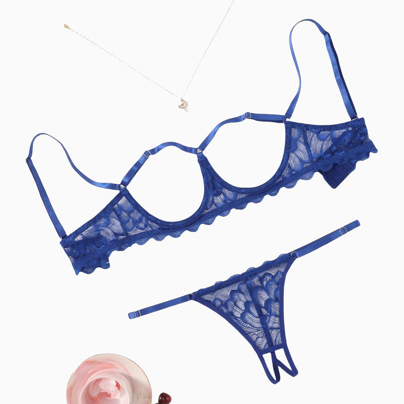 Blue lace bra and panty set with scalloped trim, underwire cups, adjustable straps