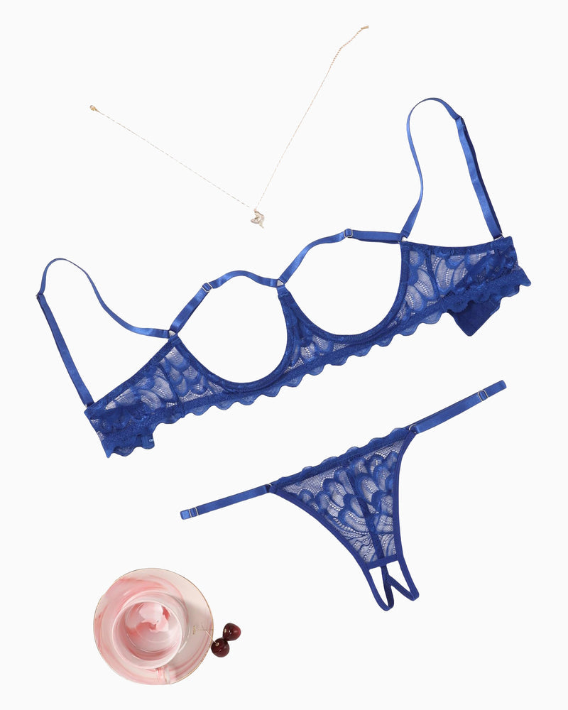 Avidlove blue lace lingerie set with open bust bra and thong, adjustable straps, delicate lace.