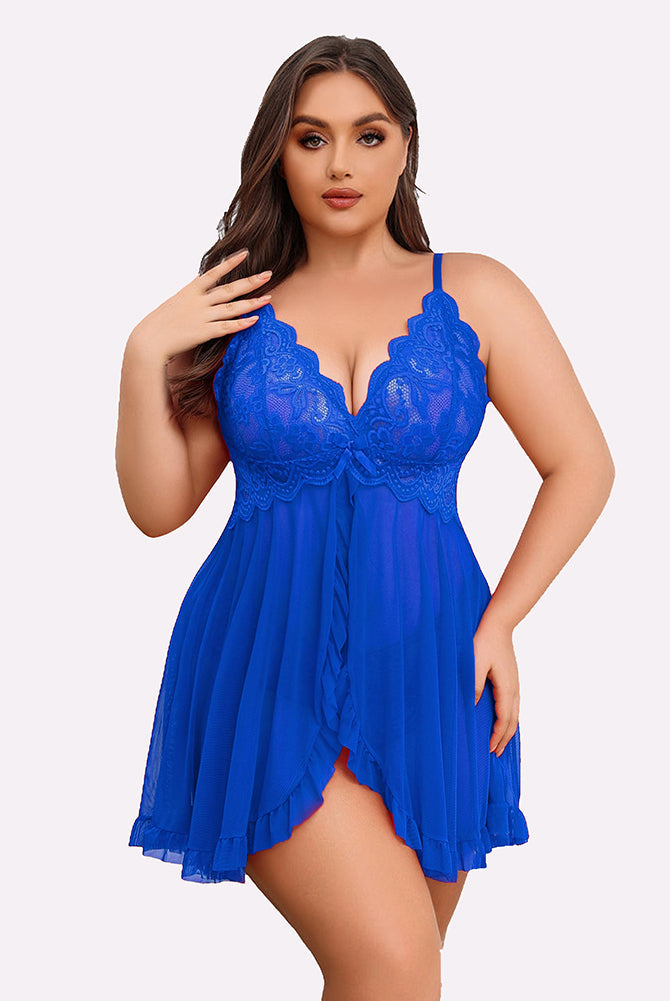Plus Size Blue Lace Open Front Babydoll Lingerie Set, Deep V-neck, Adjustable Straps