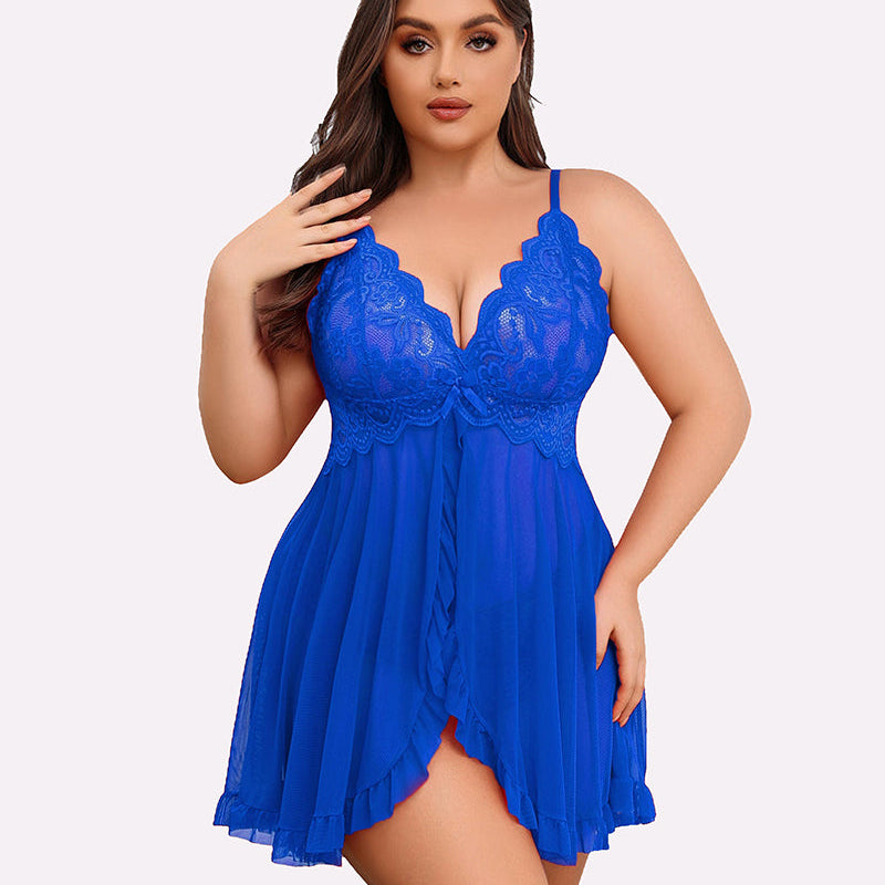 Plus Size Blue Lace Open Front Babydoll Lingerie Set, Deep V-neck, Adjustable Straps