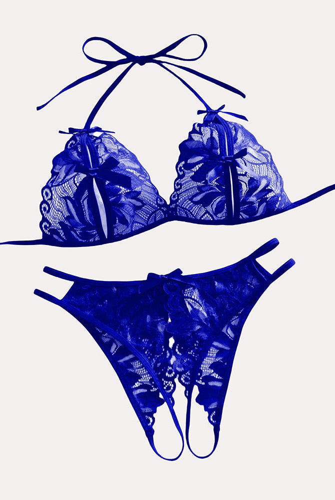 Blue lace halter bra and panty set with floral details. Halter tie design, sexy lingerie.