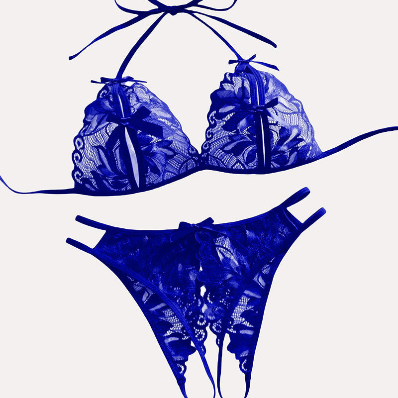 Blue lace halter bra and panty set with floral details. Halter tie design, sexy lingerie.