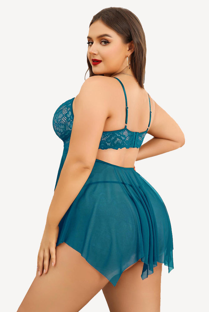 Teal plus size lace bridal babydoll lingerie set with asymmetrical hem and adjustable straps