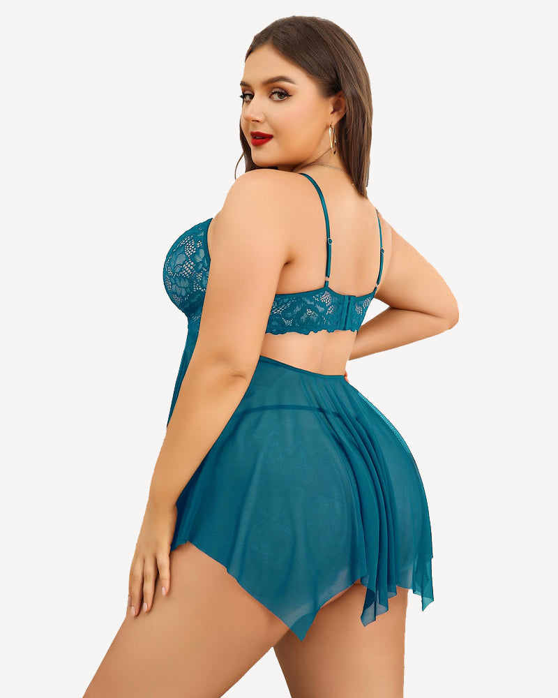 Teal plus size lace bridal babydoll lingerie set with asymmetrical hem and adjustable straps