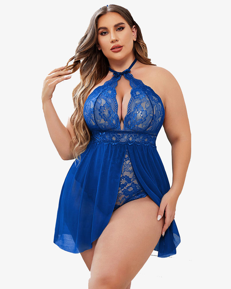 Plus size blue lace babydoll lingerie with halter neck and snap crotch. Sexy and confident look.