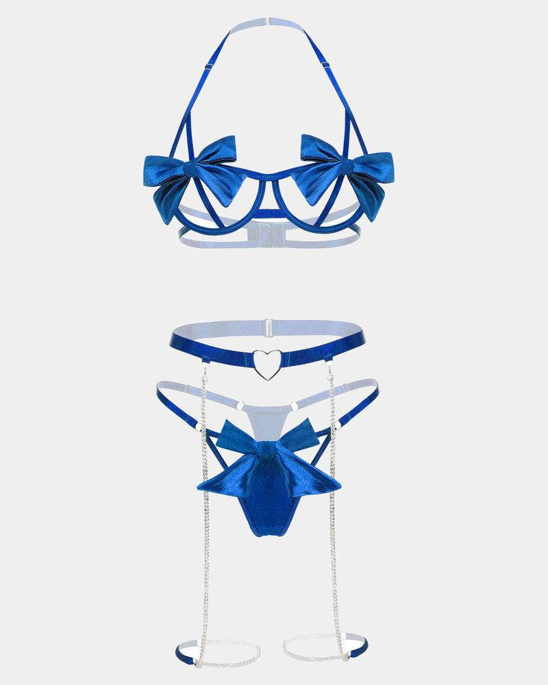 Blue bow lingerie set with underwire bra, heart cutout, chain details, garter belt and g-string