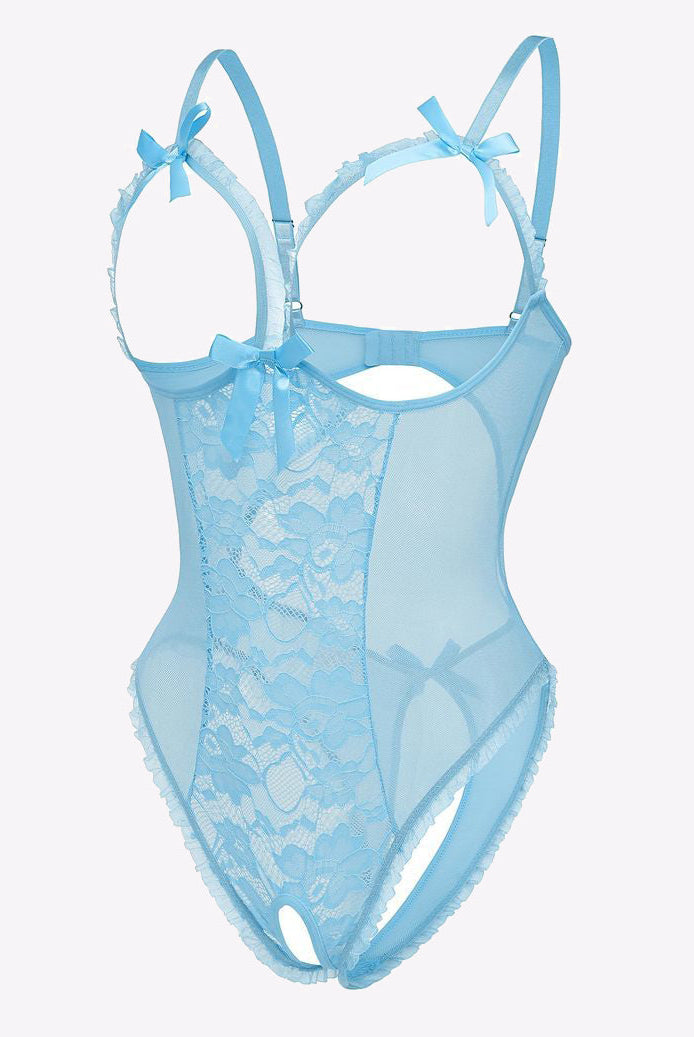 Light blue lace cut-out bodysuit with adjustable straps, backless design and delicate bows.
