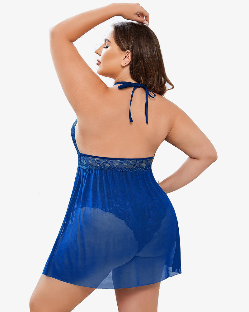 Plus size blue babydoll lingerie with halter neck and mesh skirt. Sexy and confident fit.