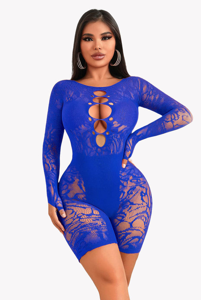 Blue fishnet bodysuit with lace detailing, chest cutout. Sexy lingerie designed to enhance curves.