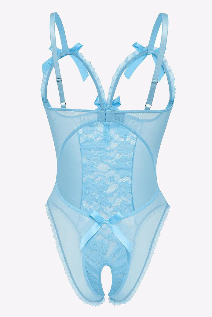 Light blue lace cut-out bodysuit with adjustable straps, backless design, and bow accents