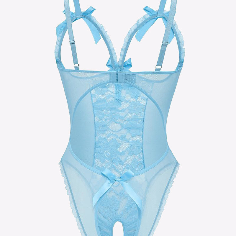 Light blue lace cut-out bodysuit with adjustable straps, backless design, and bow accents