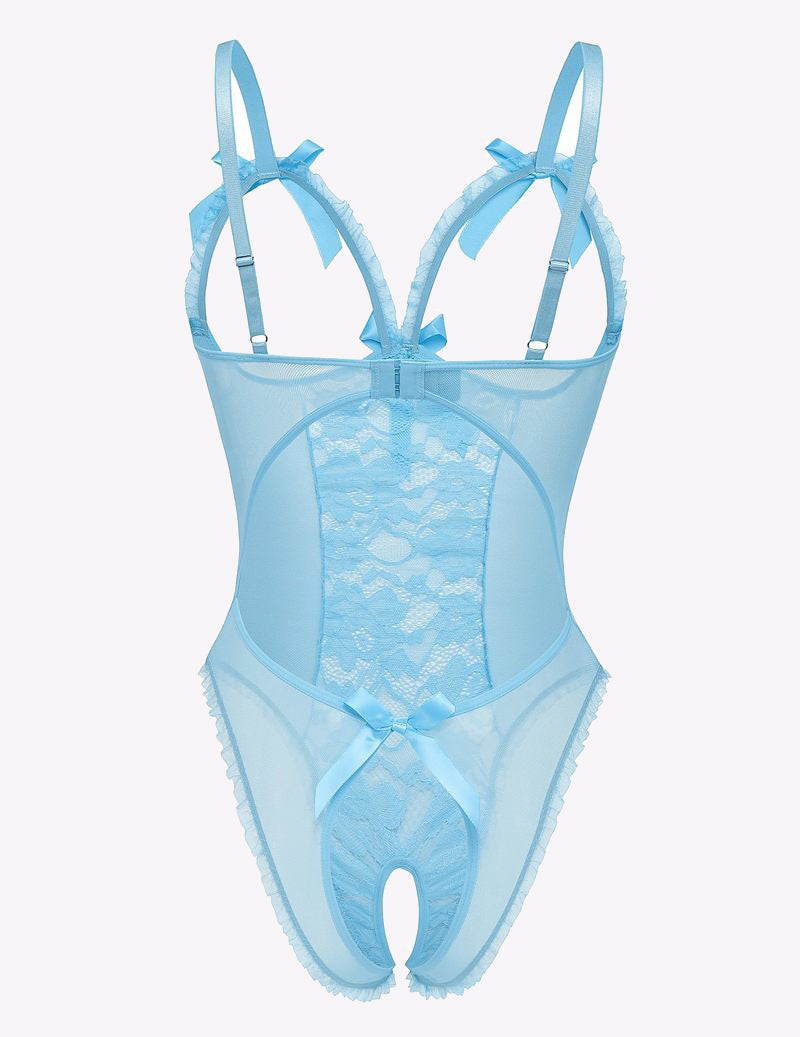 Light blue lace cut-out bodysuit with adjustable straps, backless design, and bow accents