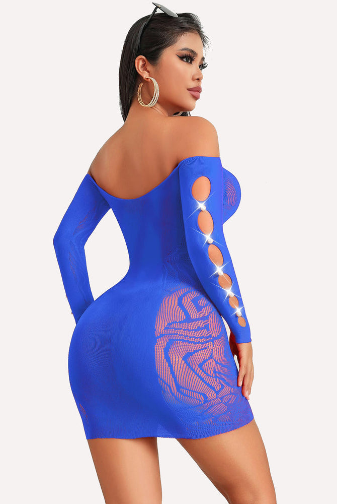 Blue fishnet mini dress, off-shoulder design, cutout sleeves, bodycon lingerie for confidence.