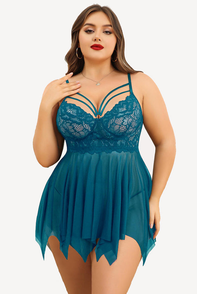 Teal plus size lace babydoll lingerie with adjustable straps and asymmetrical hem